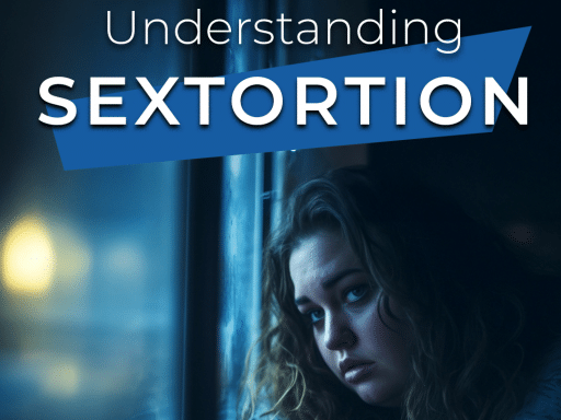 A distressed young woman sits by a window, gazing out with a solemn expression. The words "Understanding Sextortion" appear in bold, emphasizing the serious nature of the topic.