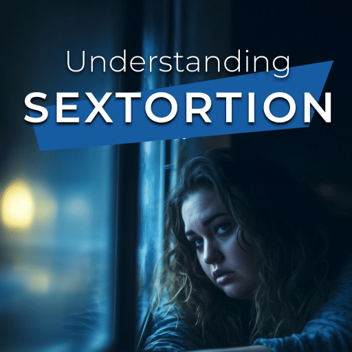 A distressed young woman sits by a window, gazing out with a solemn expression. The words "Understanding Sextortion" appear in bold, emphasizing the serious nature of the topic.