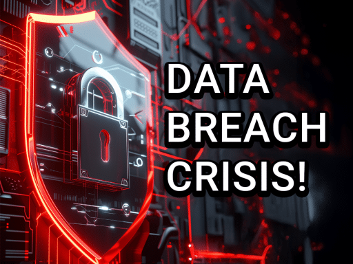 A futuristic digital shield with a glowing red lock symbol, set against a cyber-themed background. The bold text "DATA BREACH CRISIS!" emphasizes the urgency of cybersecurity threats.