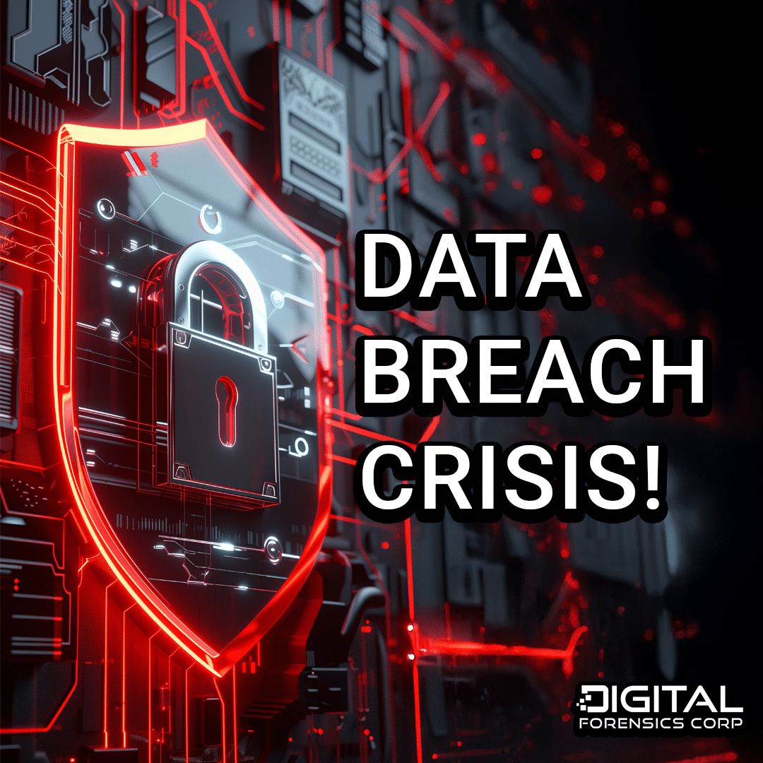 A futuristic digital shield with a glowing red lock symbol, set against a cyber-themed background. The bold text "DATA BREACH CRISIS!" emphasizes the urgency of cybersecurity threats.