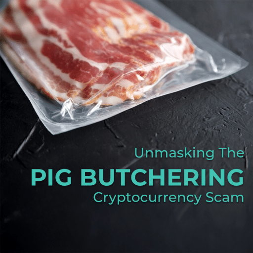 Close-up shot of raw bacon slices in a clear plastic package resting on a dark, textured surface. Overlay text reads "Unmasking The PIG BUTCHERING Cryptocurrency Scam