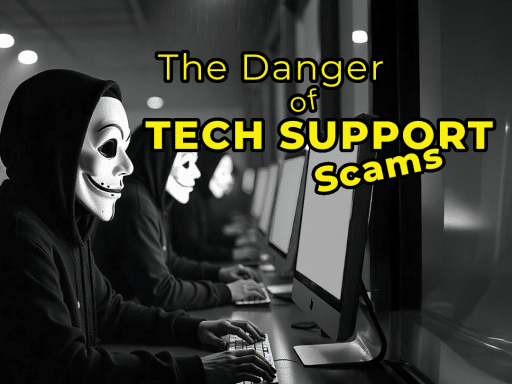 A group of tech support scammers in an office with text "The danger of tech support scams"