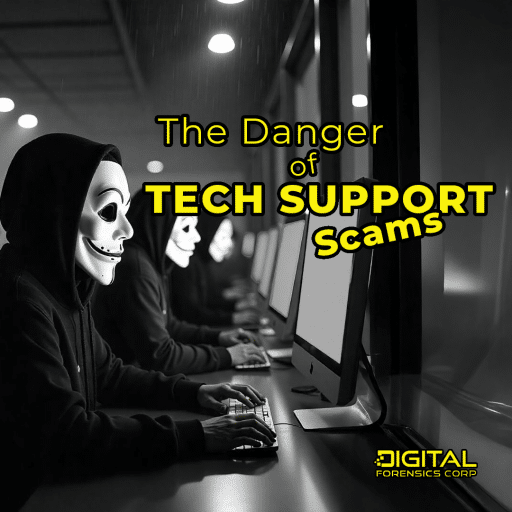 A group of tech support scammers in an office with text "The danger of tech support scams"