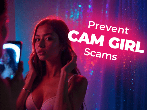 A person holds a smartphone displaying a woman on a video call, juxtaposed with another woman in the foreground looking directly at the viewer, with neon text overlay that reads "Prevent CAM GIRL Scams."