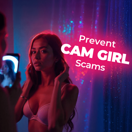A person holds a smartphone displaying a woman on a video call, juxtaposed with another woman in the foreground looking directly at the viewer, with neon text overlay that reads "Prevent CAM GIRL Scams."