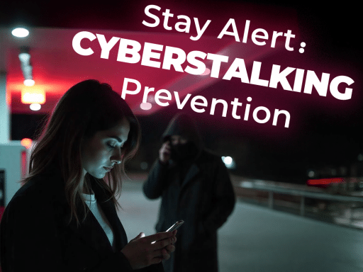 A woman is focused on her smartphone at night in a public area, unaware of a shadowy figure in the background who appears to be watching her. The text overlay reads "Stay Alert: CYBERSTALKING Prevention."