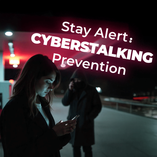 A woman is focused on her smartphone at night in a public area, unaware of a shadowy figure in the background who appears to be watching her. The text overlay reads "Stay Alert: CYBERSTALKING Prevention."