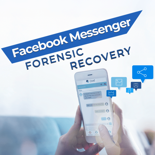 A smartphone showing a Facebook Messenger conversation being held by two hands, with overlaid icons representing media sharing and communication, and the text "Facebook Messenger Forensic Recovery."
