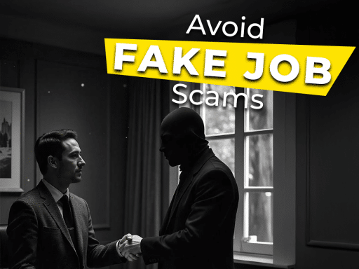 Two figures in suits shaking hands across a table in a dimly lit room, with a bright yellow banner overlaying the image that reads "Avoid FAKE JOB Scams". One figure has their face obscured by a dark covering.