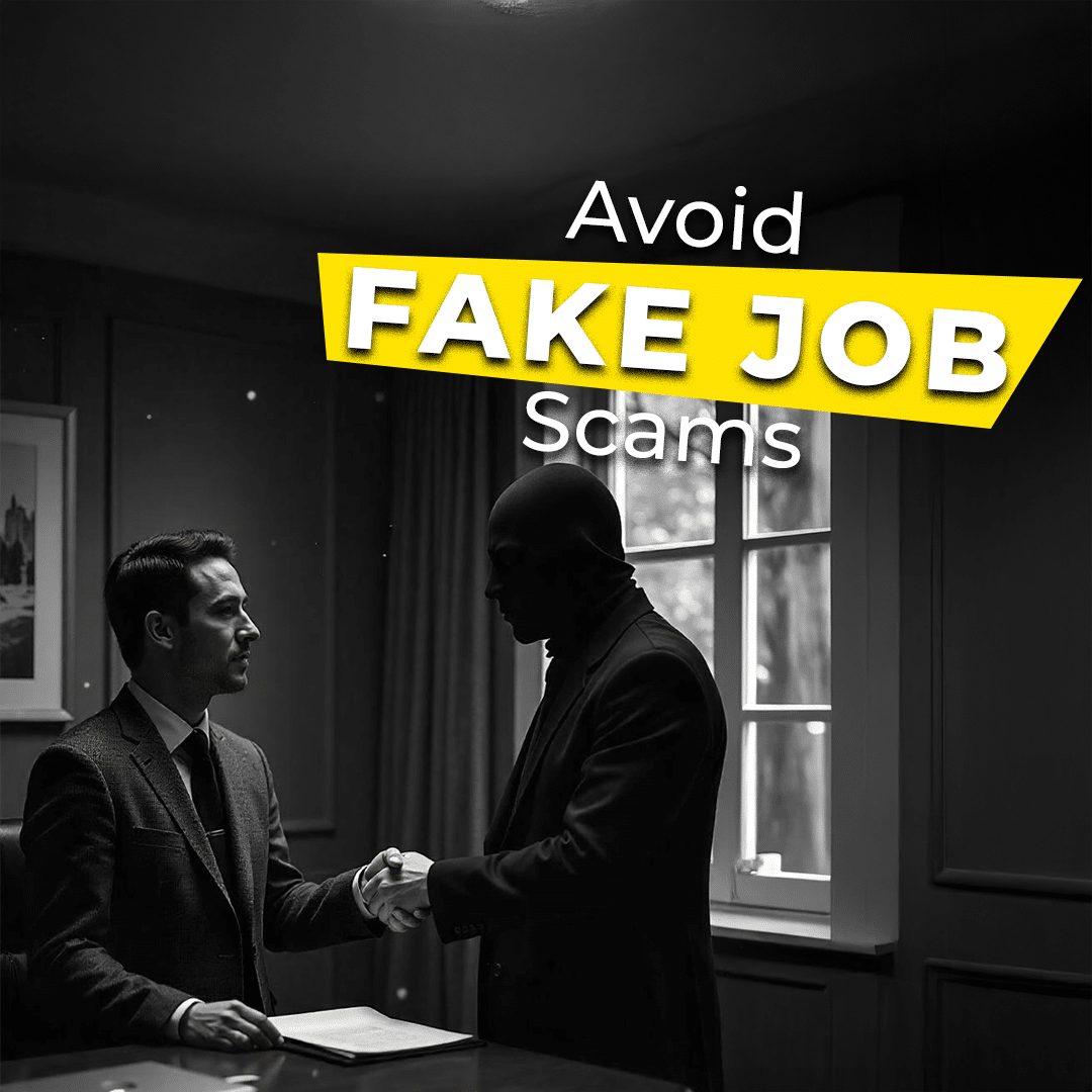 Two figures in suits shaking hands across a table in a dimly lit room, with a bright yellow banner overlaying the image that reads "Avoid FAKE JOB Scams". One figure has their face obscured by a dark covering.