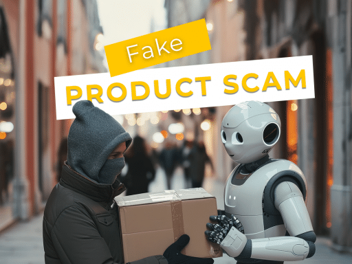 A machine delivering a package for a masked criminal, showing how fake product scams work.