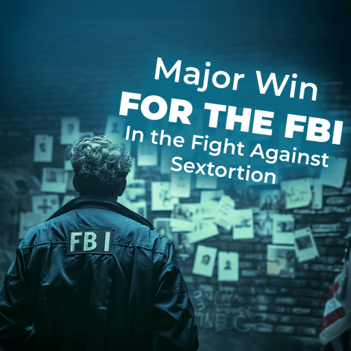 A man wearing an FBI jacket stands in front of a wall covered with notes and photos, with the text "Major Win FOR THE FBI In the Fight Against Sextortion" superimposed.