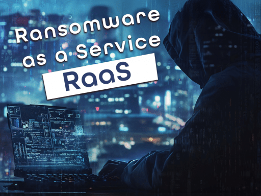 An image of a cybercriminal working on a new RaaS program. The words Ransomware As A Service hangining against a technological city scape.