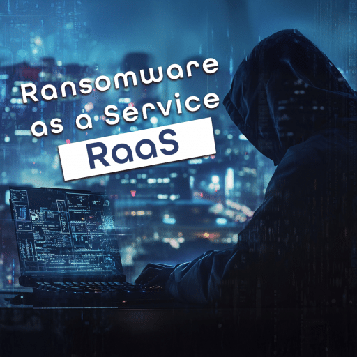 An image of a cybercriminal working on a new RaaS program. The words Ransomware As A Service hangining against a technological city scape.