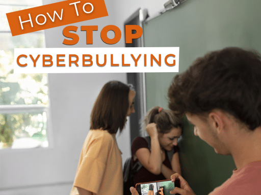 A person holds a smartphone displaying an image of someone appearing distressed and being watched by two other individuals. The text "How To STOP CYBERBULLYING" is overlaid on the image.