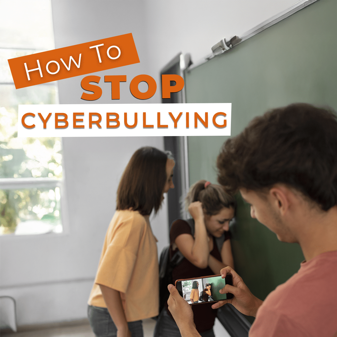 A person holds a smartphone displaying an image of someone appearing distressed and being watched by two other individuals. The text "How To STOP CYBERBULLYING" is overlaid on the image.