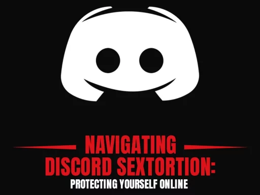 Graphic showing tips for protecting yourself from sextortion on Discord, featuring a laptop, warning symbols, and safety measures