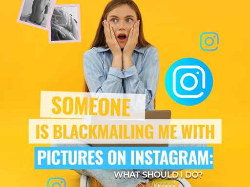 A shocked woman realizing her intimate pictures are being shared by a blackmailer on Instagram