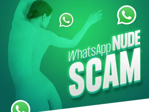 An visual of a distressed woman with a WhatsApp logo in the background, symbolizing the emotional turmoil of being targeted by a nude scam.