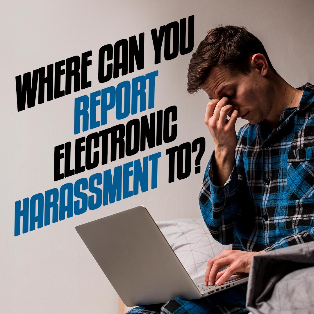 An illustration of a frustrated man staring at his computer screen, symbolizing confusion about reporting electronic harassment.