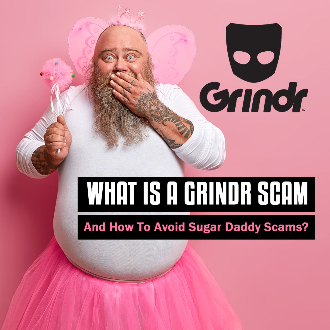 A humorous illustration of a gay man with a playful expression, surrounded by playful Grindr scam-themed elements