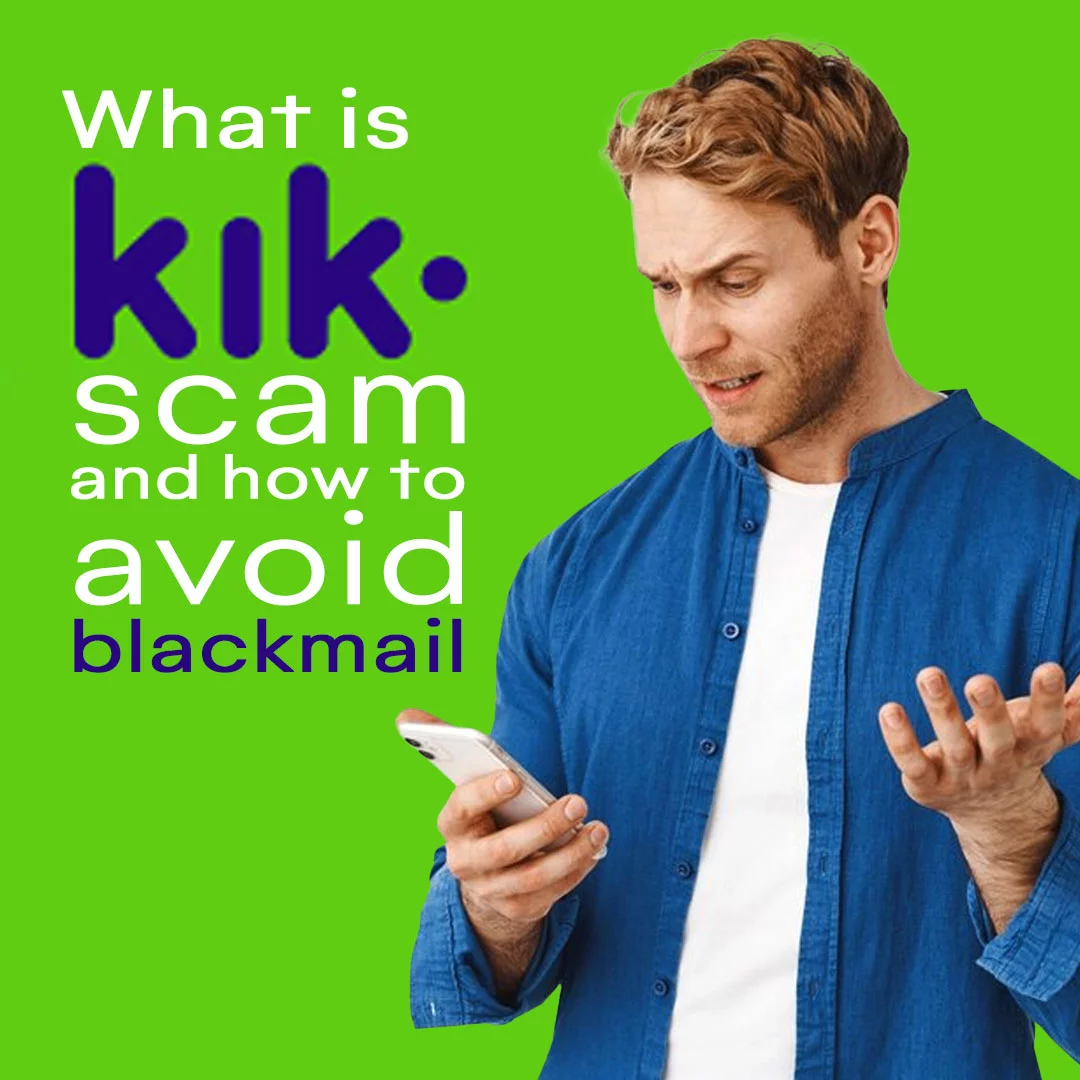 A confused man staring at his phone, displaying a chat app interface, symbolizing the bewilderment caused by a Kik scam.